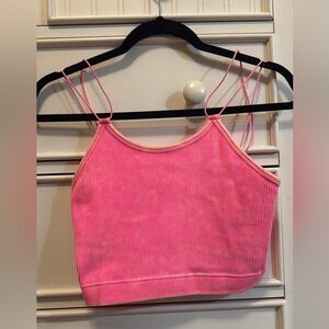Pink Ribbed Double Strap Crop Top